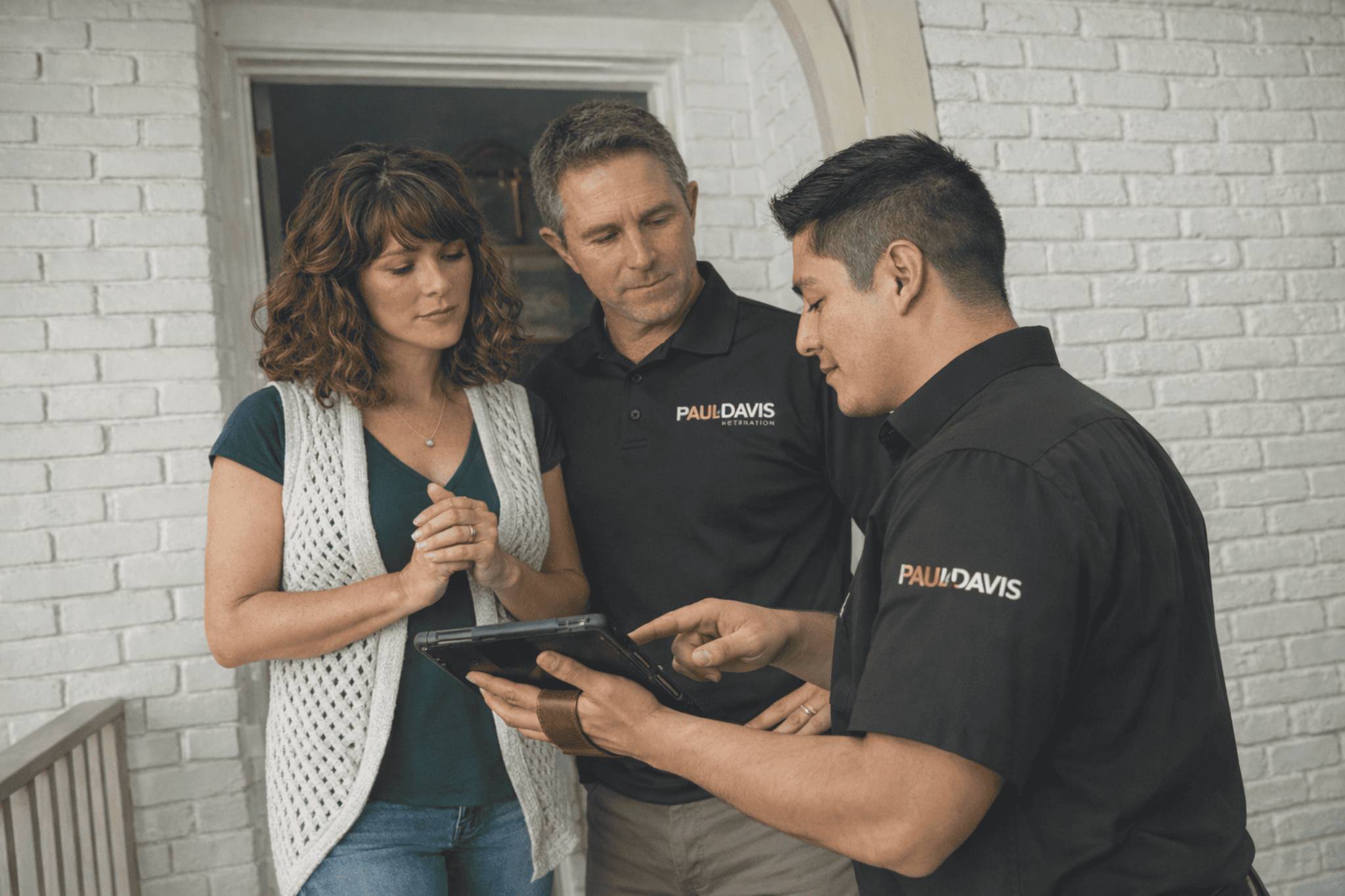 Paul Davis Restoration technician reviewing property damage details on a tablet with homeowners at a residential doorway in Greater Portland, ME